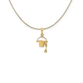 14k Yellow Gold 3D Small Beach Bucket with Shovel Necklace