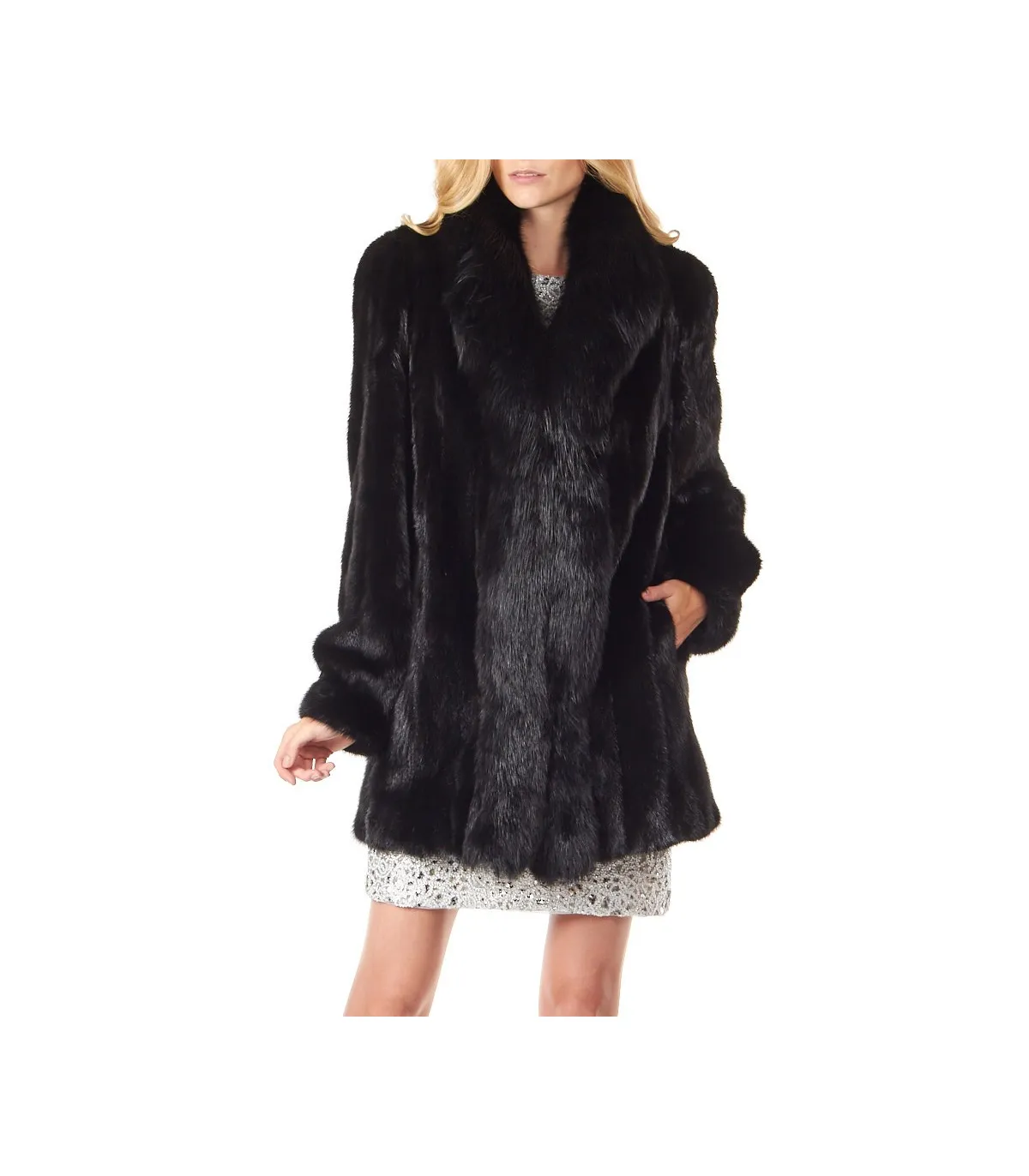 Black Mink Coat with Fox Tuxedo Collar: FurSource.com