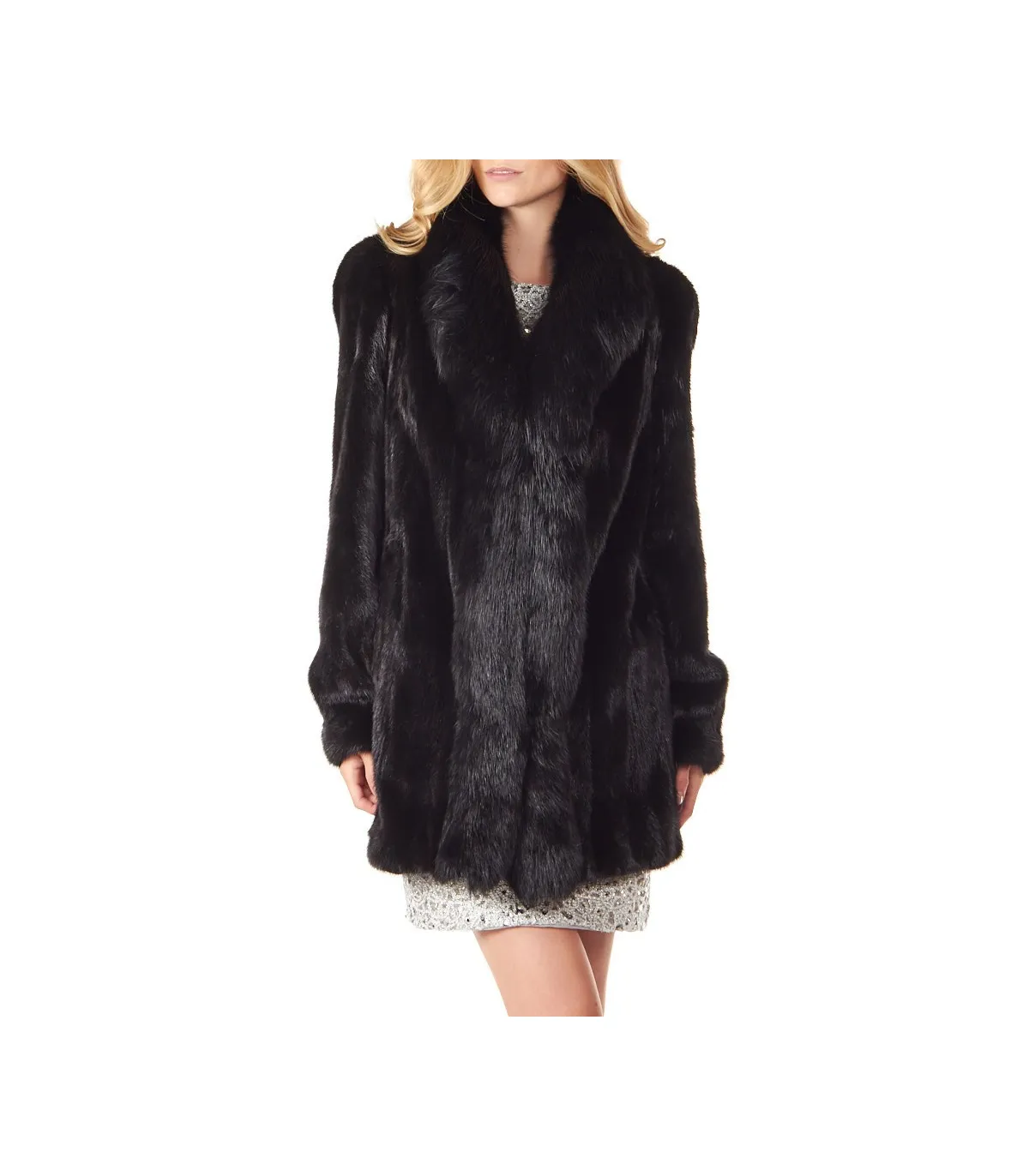 Black Mink Coat with Fox Tuxedo Collar: FurSource.com