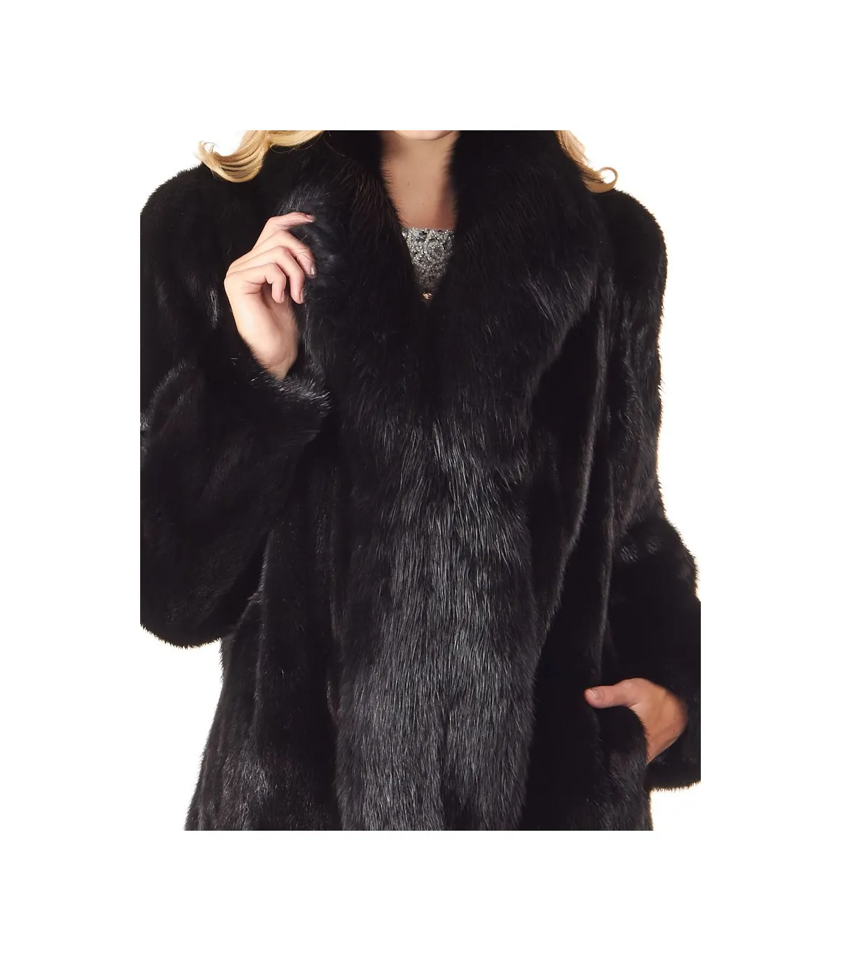 Black Mink Coat with Fox Tuxedo Collar: FurSource.com