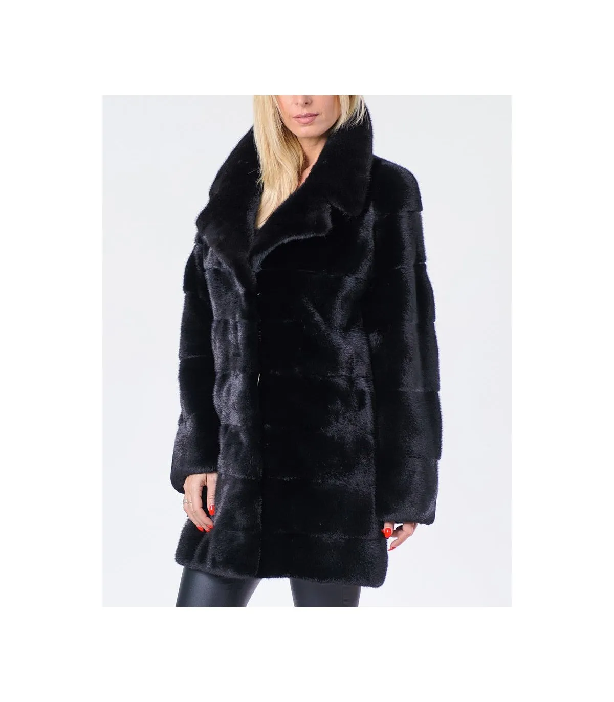 Black SAGA Mink Coat with Notch Collar: FurSource.com