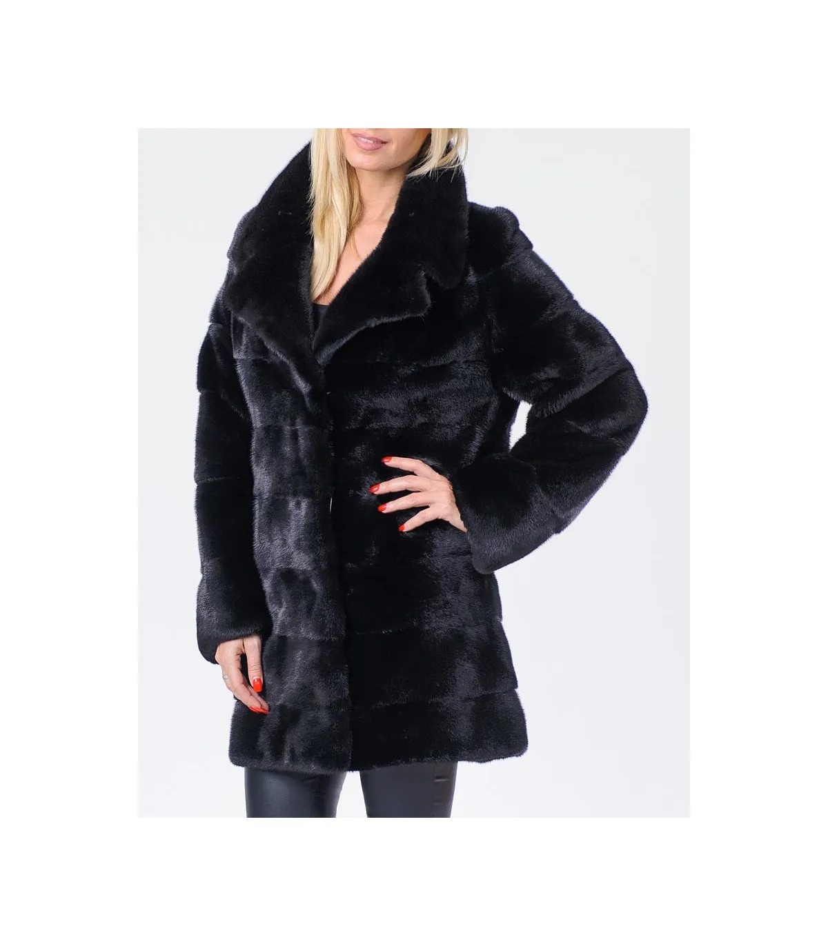 Black SAGA Mink Coat with Notch Collar: FurSource.com