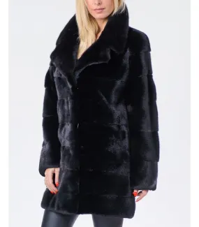 Black SAGA Mink Coat with Notch Collar: FurSource.com