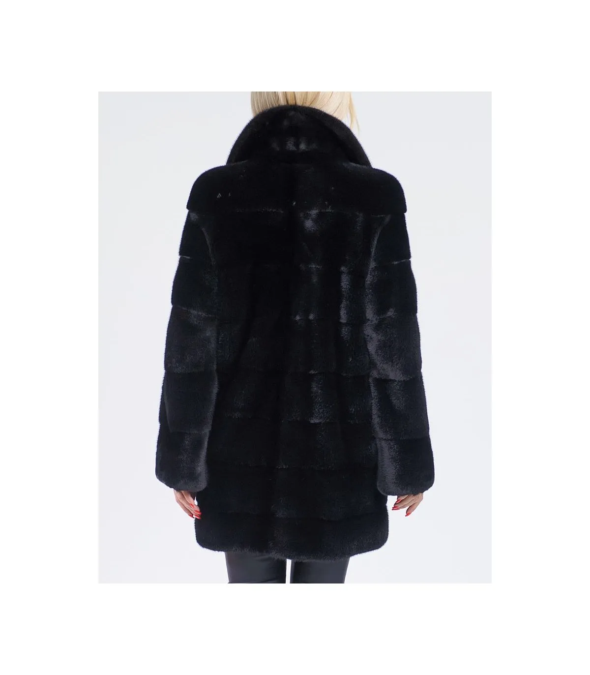 Black SAGA Mink Coat with Notch Collar: FurSource.com