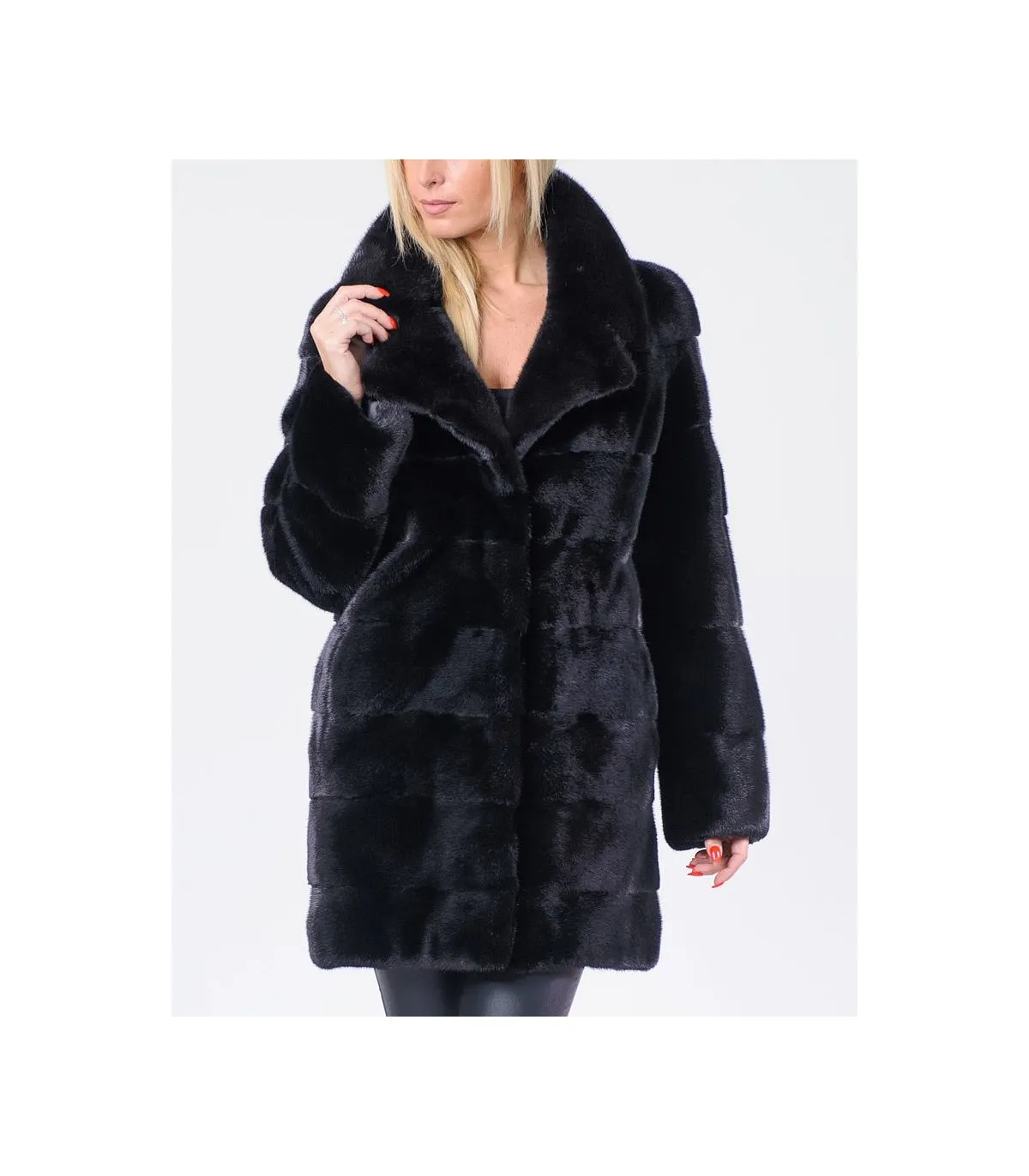 Black SAGA Mink Coat with Notch Collar: FurSource.com