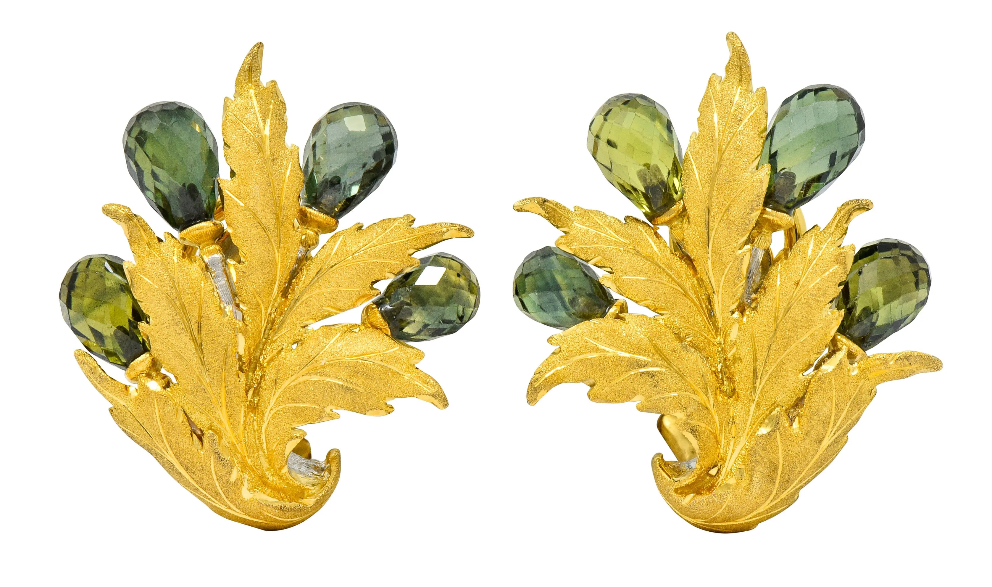 Buccellati Green Sapphire Briolette 18 Karat Two-Tone Gold Leaf Ear-Clip Earrings