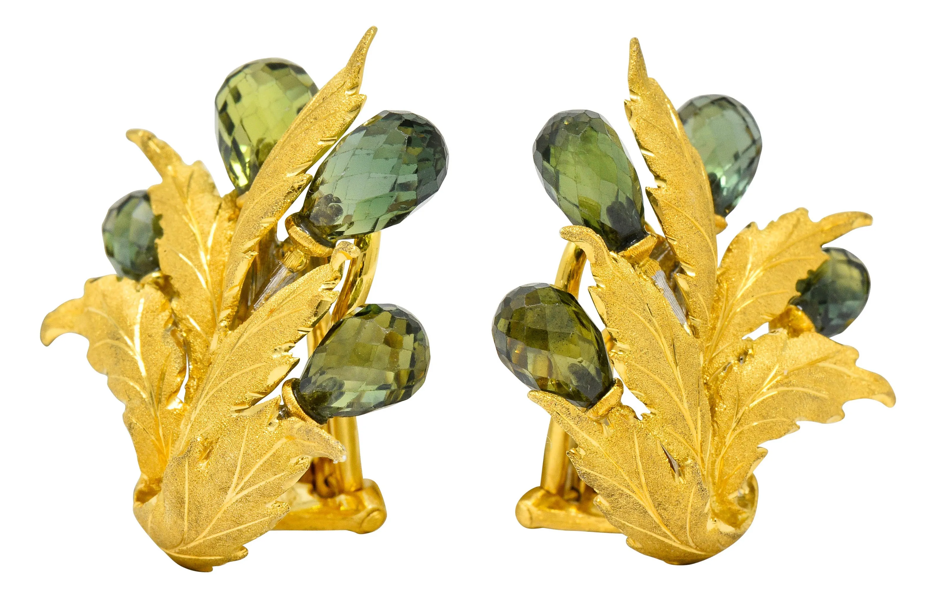 Buccellati Green Sapphire Briolette 18 Karat Two-Tone Gold Leaf Ear-Clip Earrings