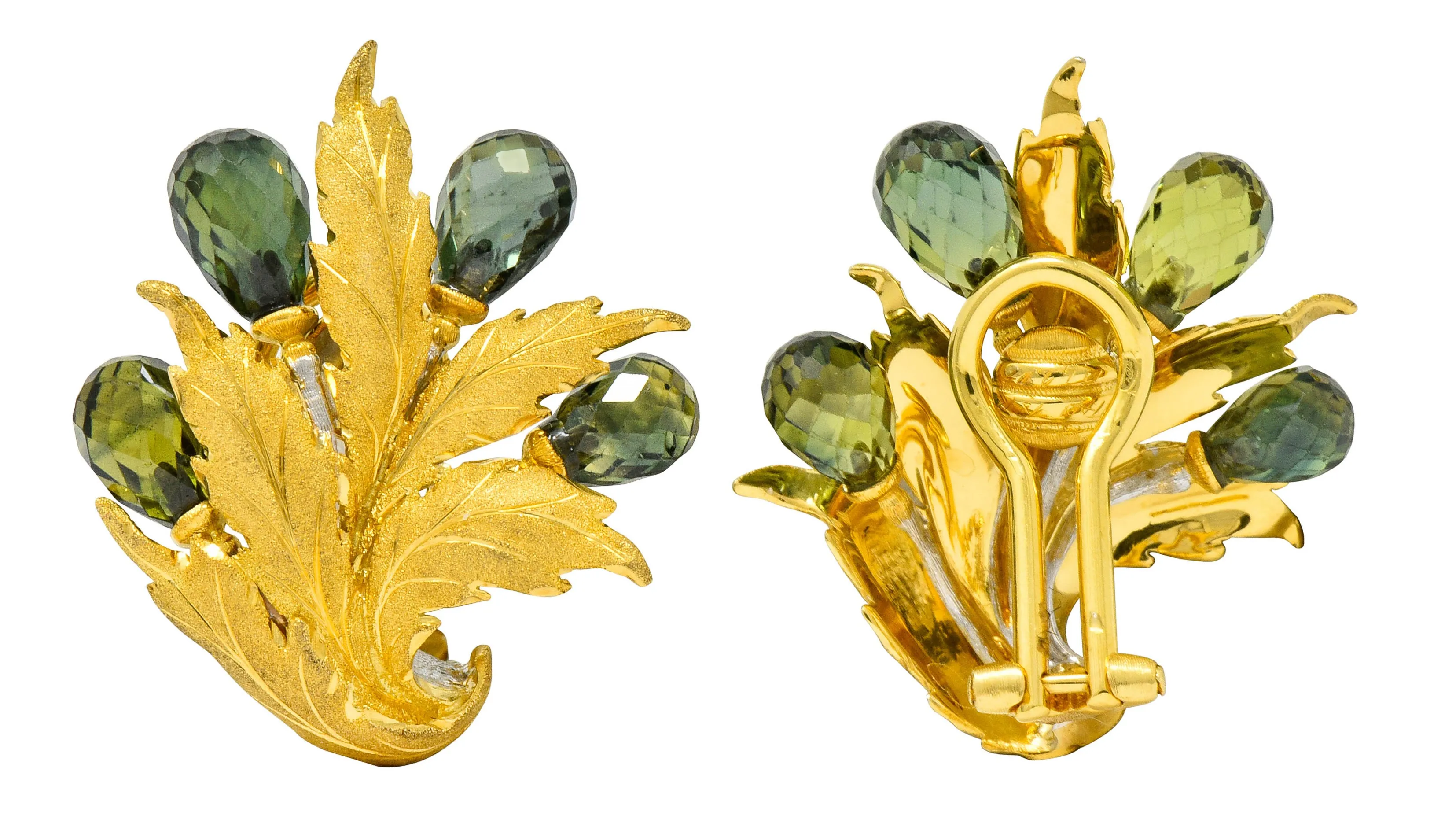 Buccellati Green Sapphire Briolette 18 Karat Two-Tone Gold Leaf Ear-Clip Earrings