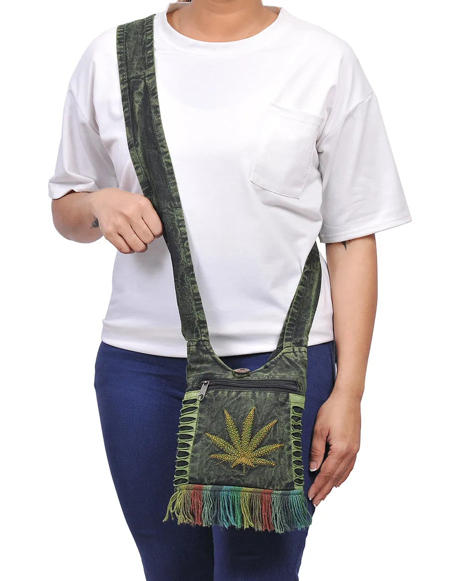 Cannabis Leaf Embroidery Mini Hippie Bag