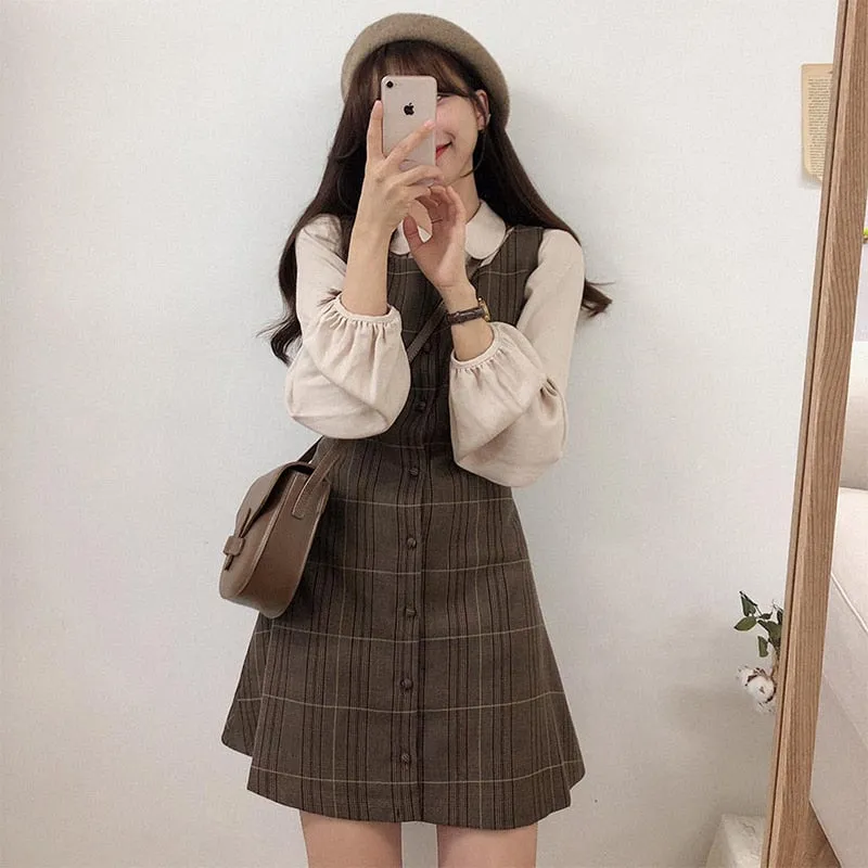 Cocoa Dust Plaid Vintage-Style Pinafore Mini Dress