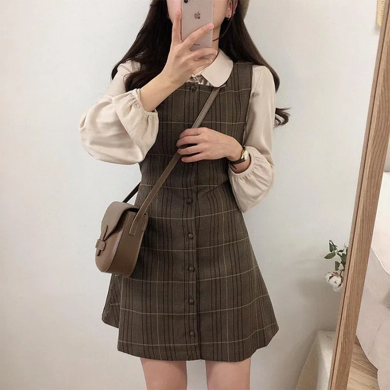 Cocoa Dust Plaid Vintage-Style Pinafore Mini Dress