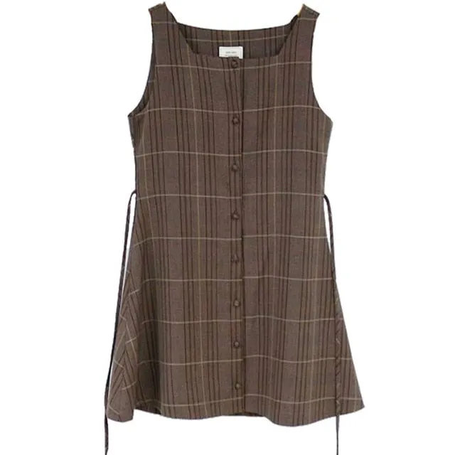 Cocoa Dust Plaid Vintage-Style Pinafore Mini Dress