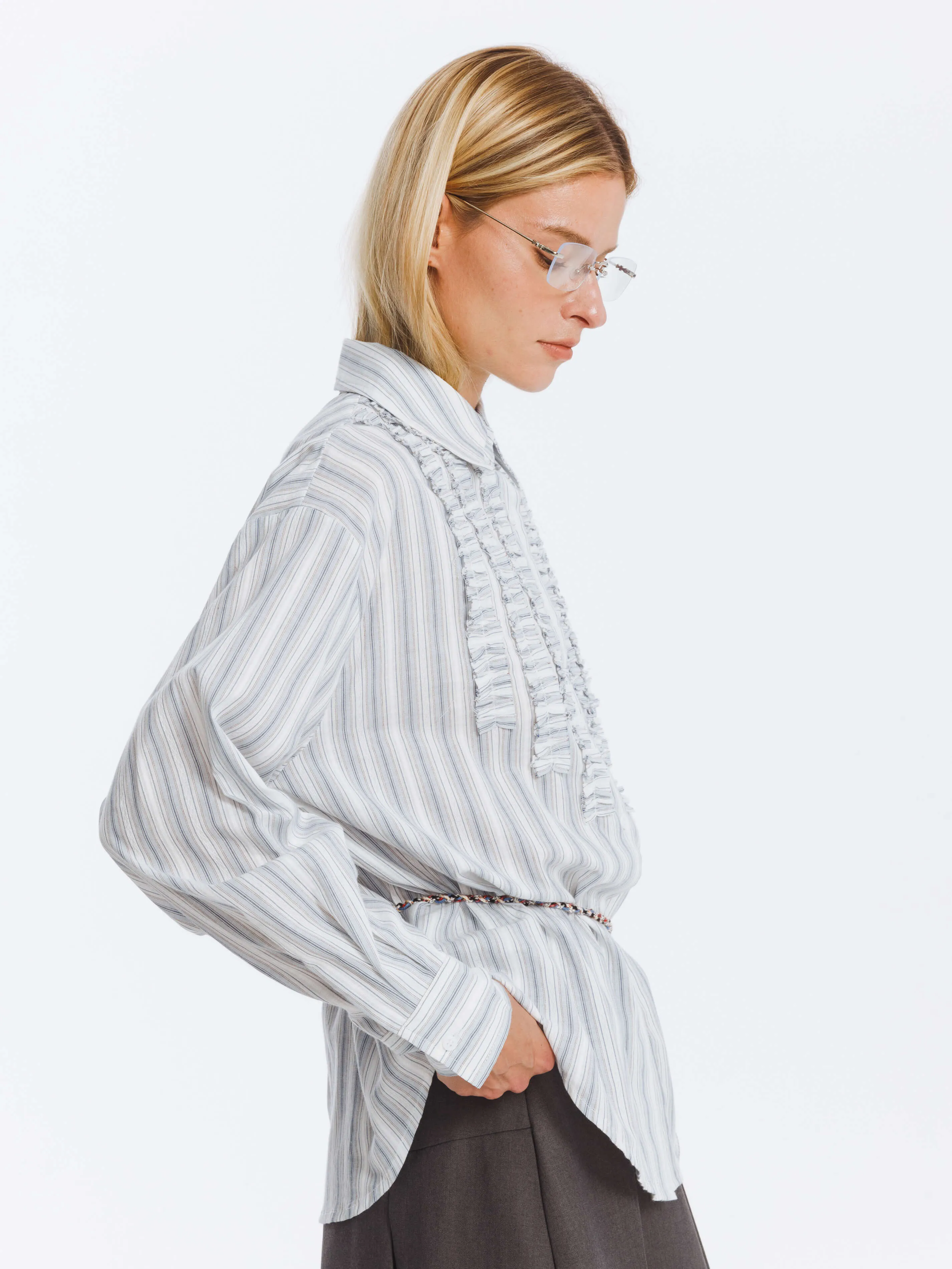 Cotton Striped Long Sleeves Shirt with Chest Lace