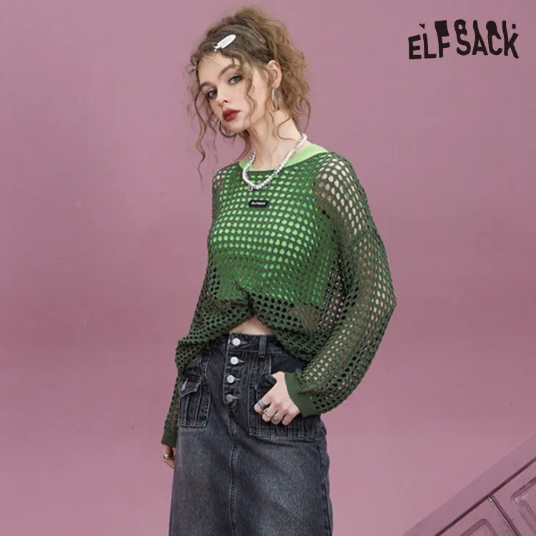 ELF SACK  |Blended Fabrics Long Sleeves V-neck & Crew neck