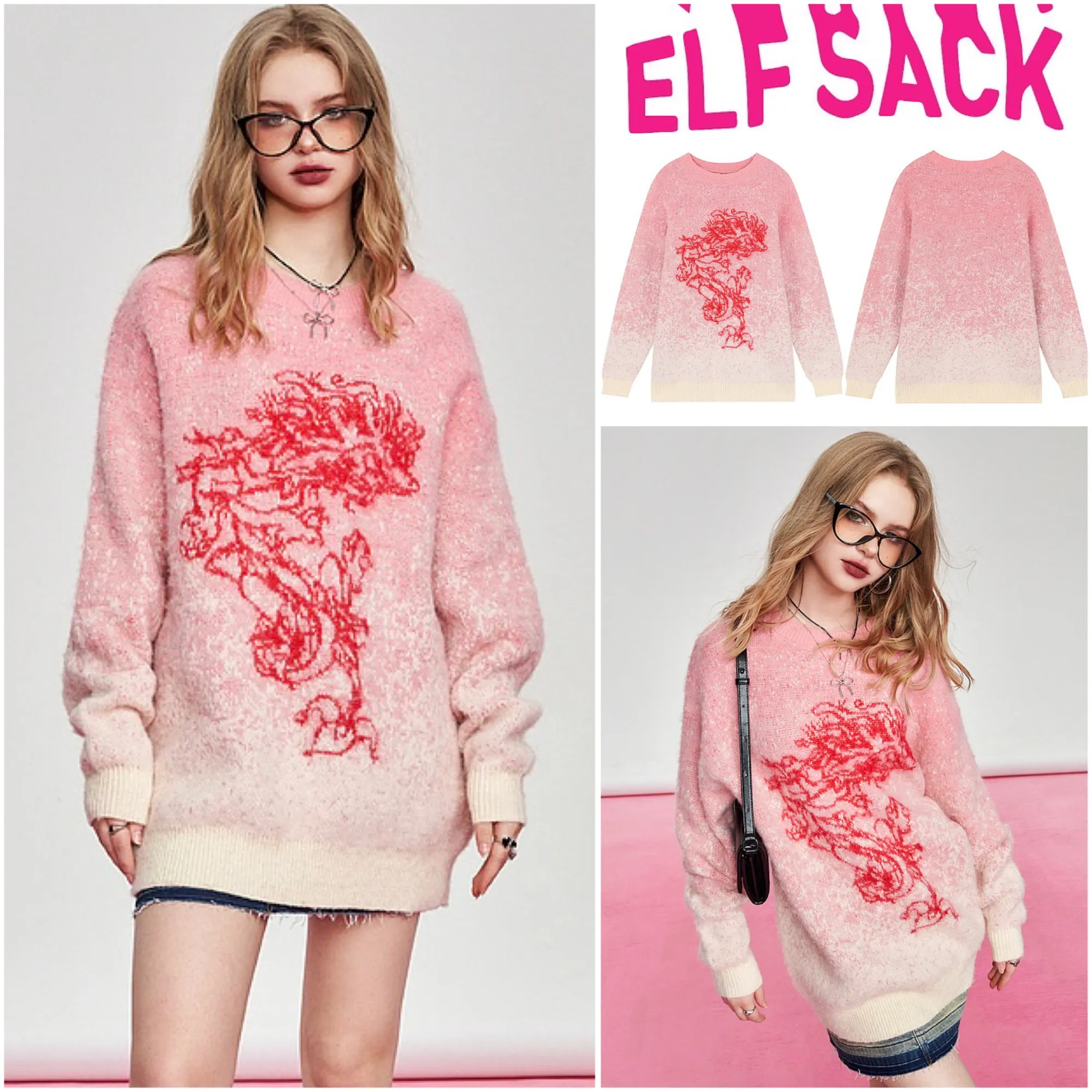 ELF SACK  |Casual Style Long Sleeves Plain Oversized V-neck & Crew neck