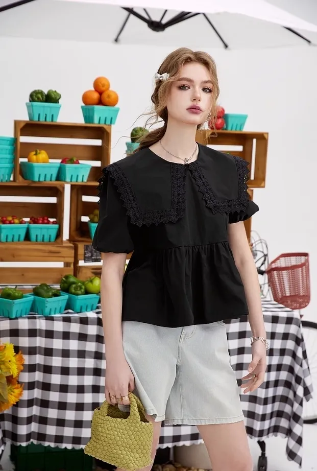 ELF SACK  |Plain Cotton Short Sleeves Puff Sleeves Shirts & Blouses