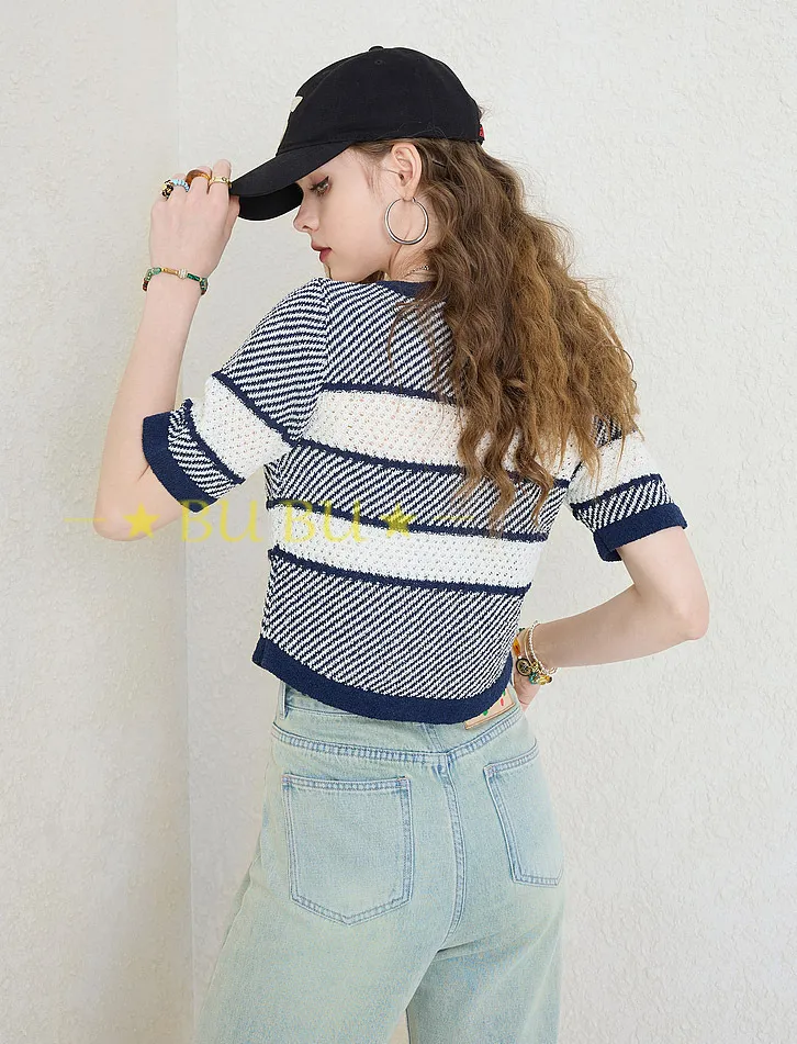 ELF SACK  |Stripes Casual Style Blended Fabrics Bi-color Short Sleeves