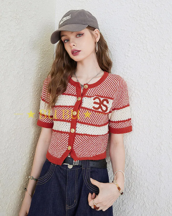 ELF SACK  |Stripes Casual Style Blended Fabrics Bi-color Short Sleeves