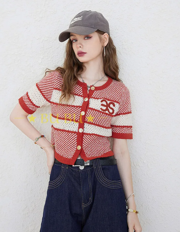 ELF SACK  |Stripes Casual Style Blended Fabrics Bi-color Short Sleeves