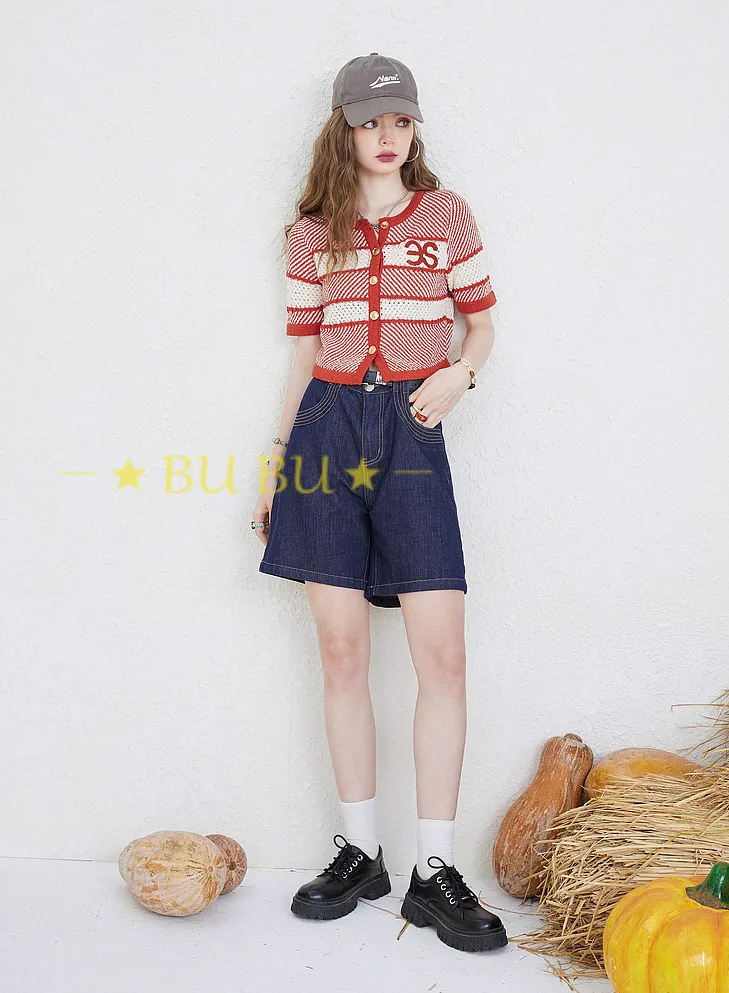 ELF SACK  |Stripes Casual Style Blended Fabrics Bi-color Short Sleeves