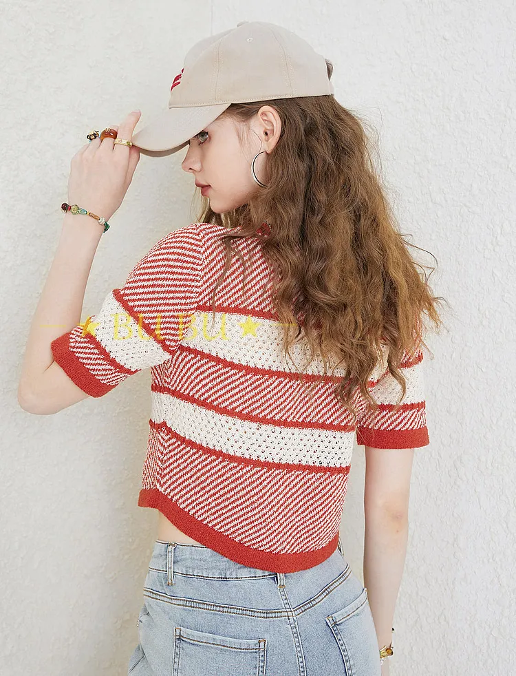 ELF SACK  |Stripes Casual Style Blended Fabrics Bi-color Short Sleeves