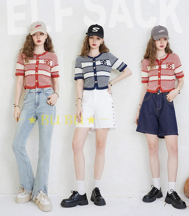 ELF SACK  |Stripes Casual Style Blended Fabrics Bi-color Short Sleeves