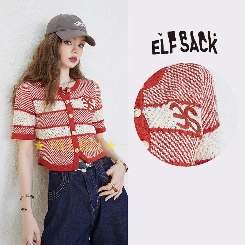 ELF SACK  |Stripes Casual Style Blended Fabrics Bi-color Short Sleeves