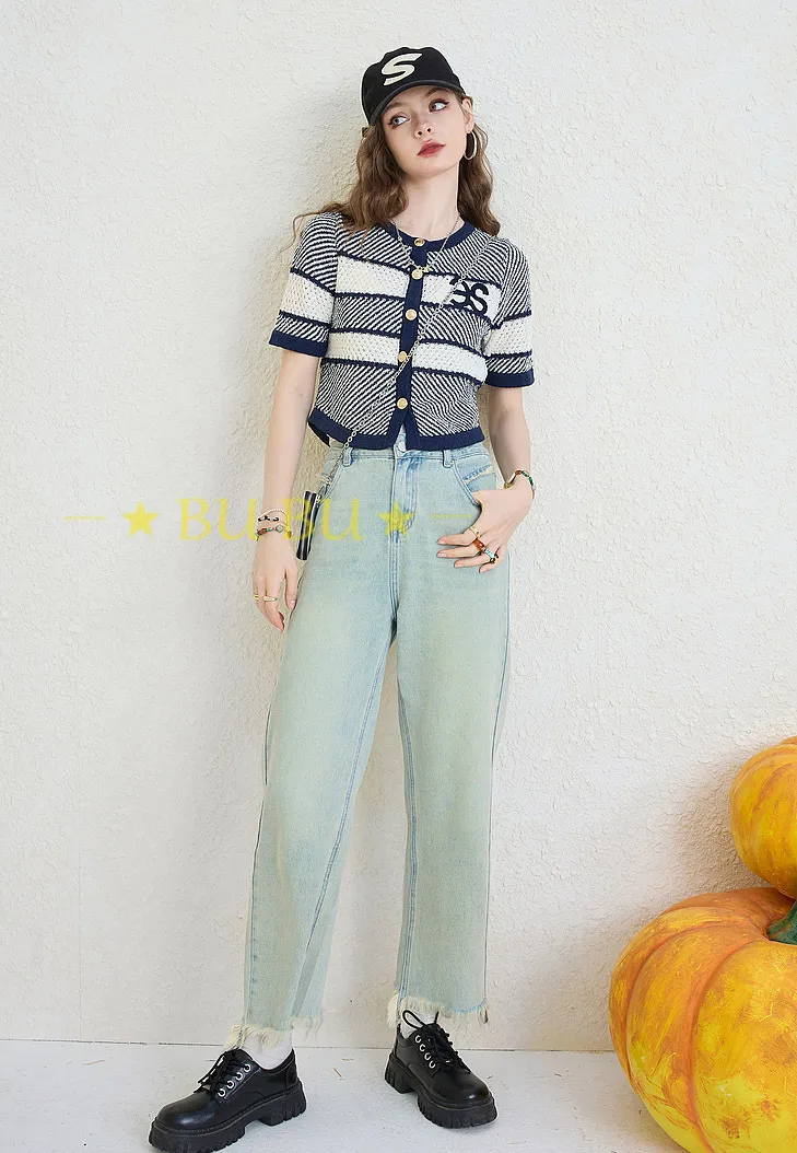 ELF SACK  |Stripes Casual Style Blended Fabrics Bi-color Short Sleeves