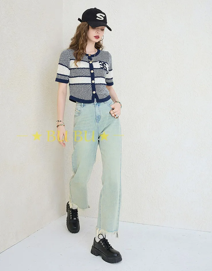 ELF SACK  |Stripes Casual Style Blended Fabrics Bi-color Short Sleeves