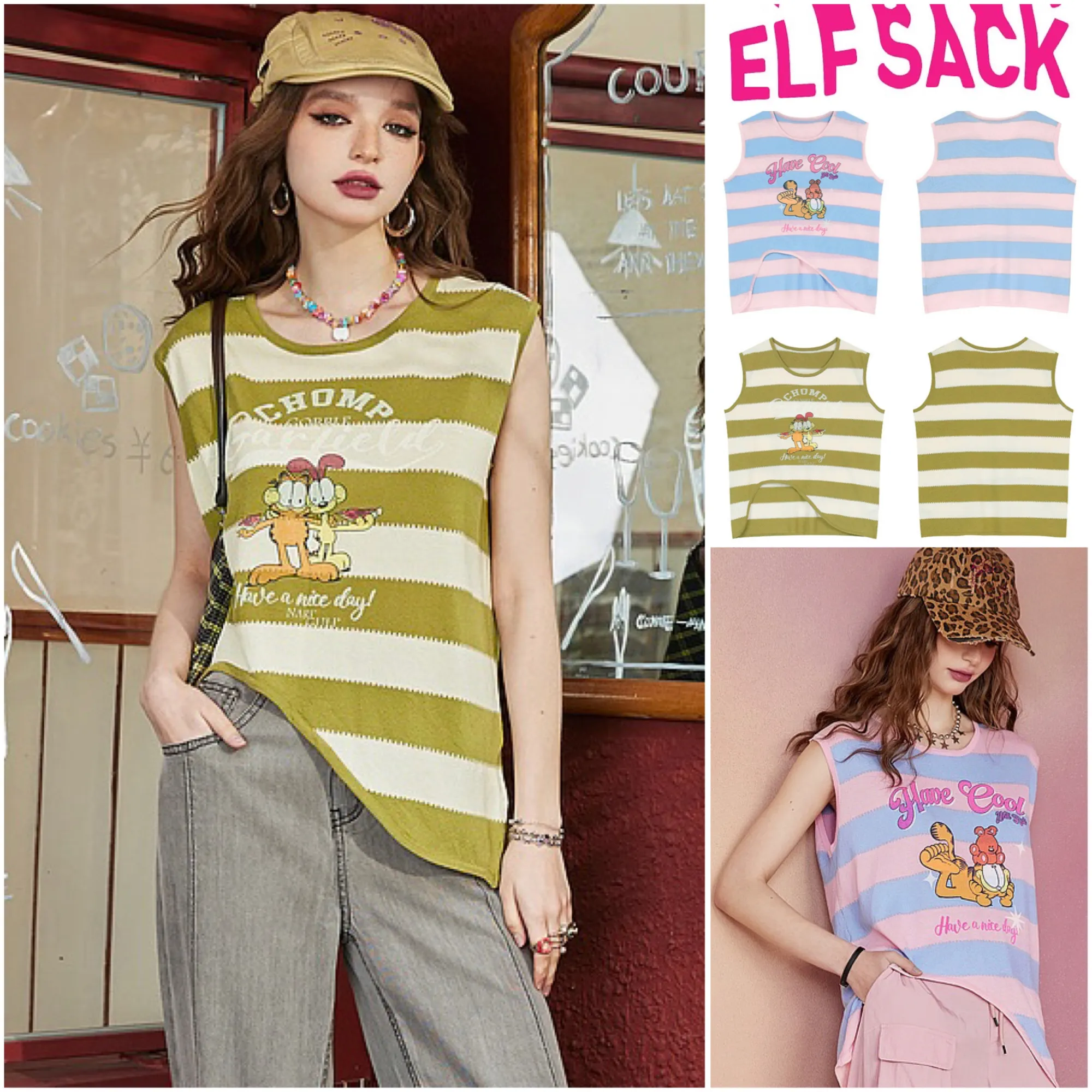 ELF SACK  |Stripes Casual Style Sleeveless U-Neck Plain Logo