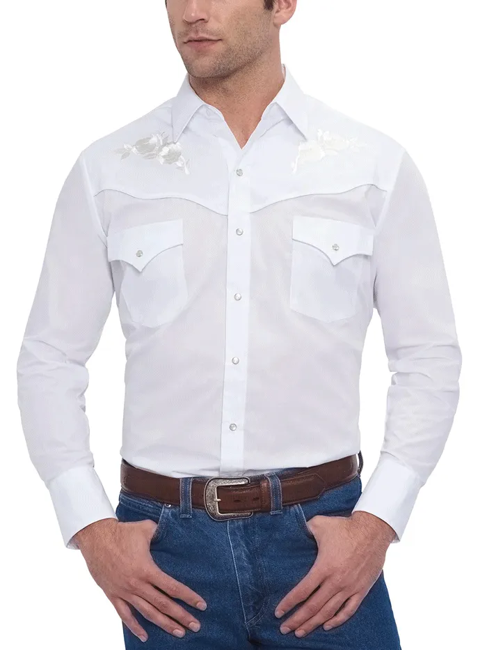 Ely Cattleman 15203901-05 Mens White Rose Embroidery Long Sleeve Western Shirt White