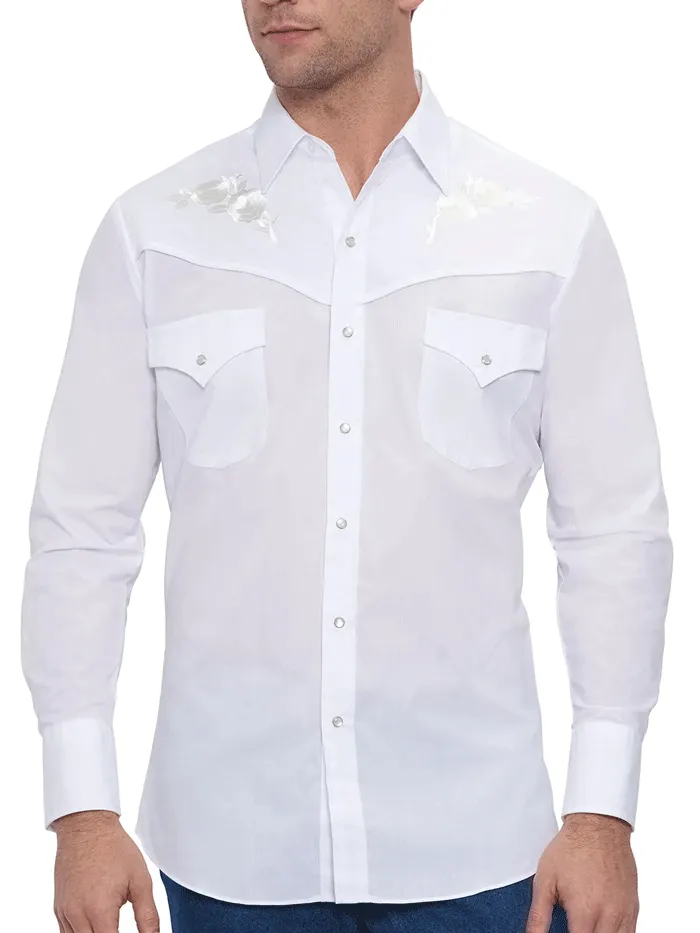 Ely Cattleman 15203901-05 Mens White Rose Embroidery Long Sleeve Western Shirt White