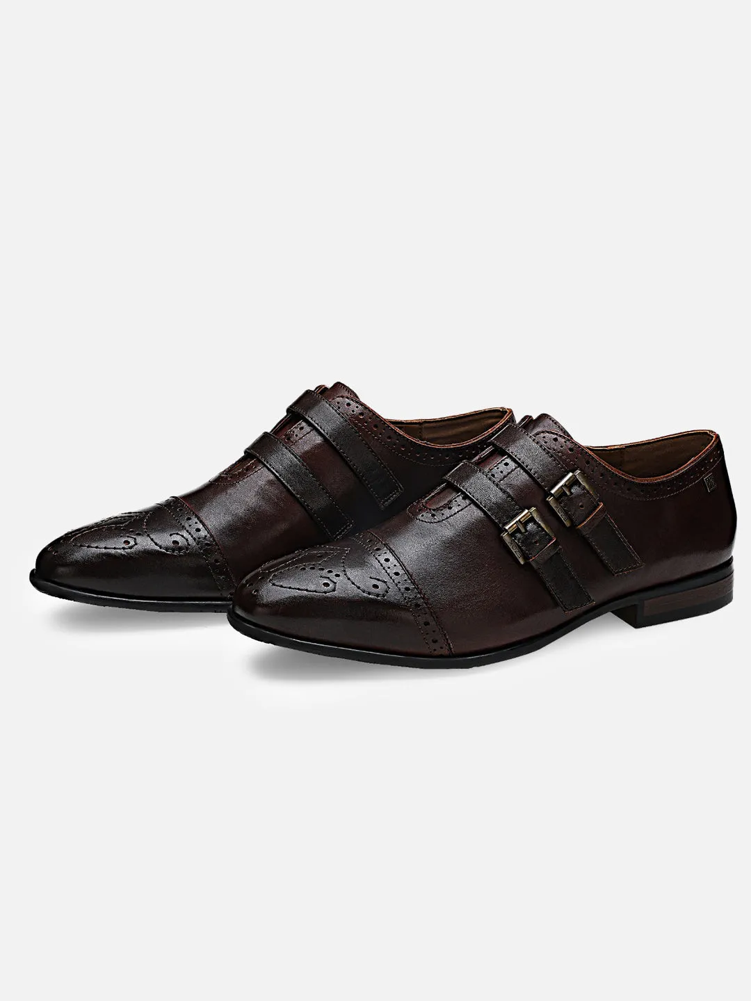 Ezok Men Brown Double Monk Strap Shoes