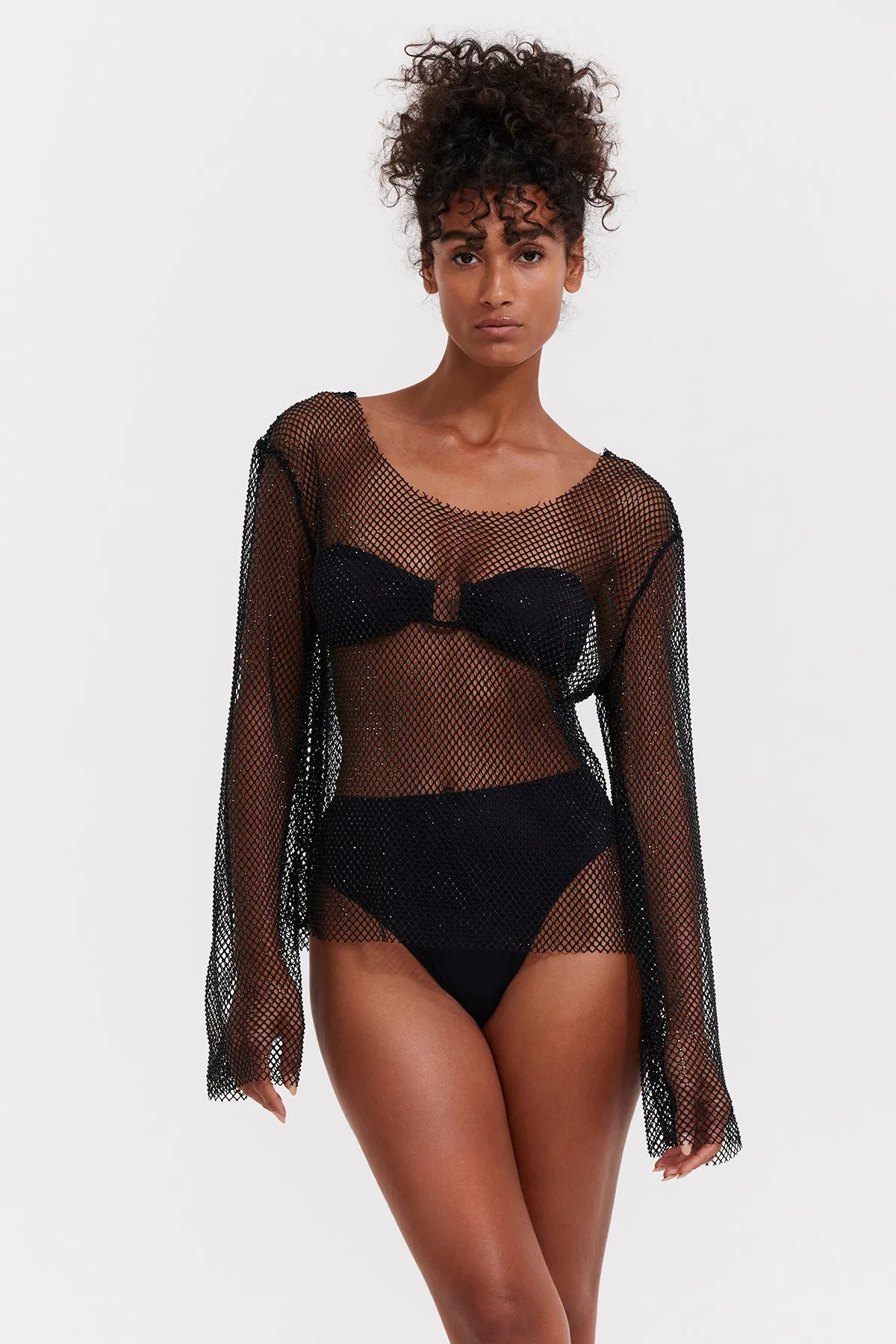 FLIRTT BLACK MESH BEACH SHIRT WITH ROUND NECKLINE AND LONG SLEEVES