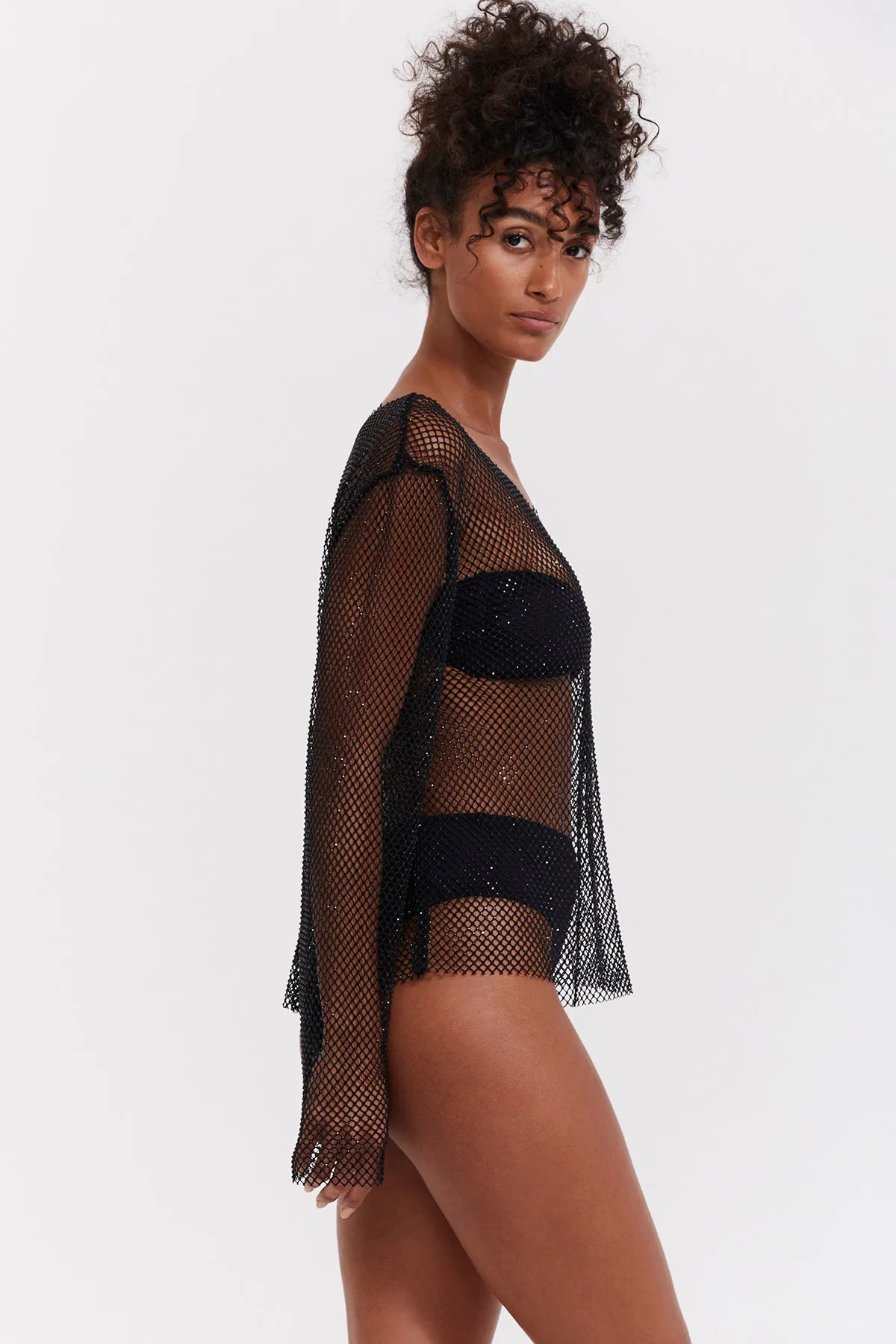 FLIRTT BLACK MESH BEACH SHIRT WITH ROUND NECKLINE AND LONG SLEEVES