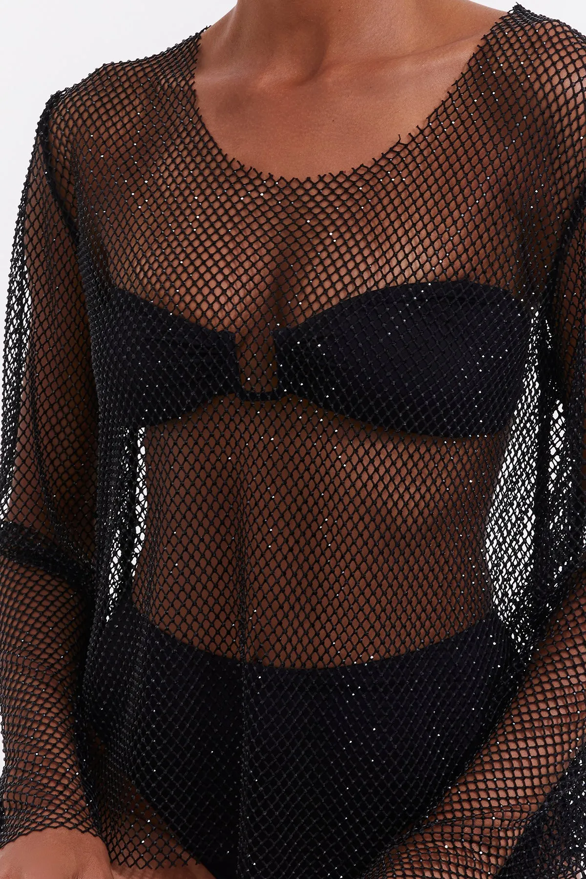 FLIRTT BLACK MESH BEACH SHIRT WITH ROUND NECKLINE AND LONG SLEEVES