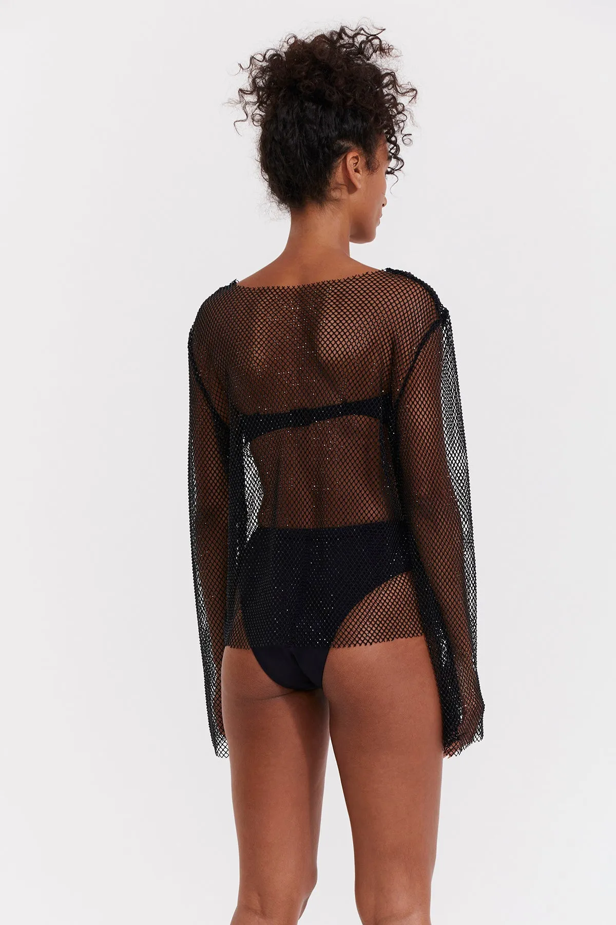 FLIRTT BLACK MESH BEACH SHIRT WITH ROUND NECKLINE AND LONG SLEEVES