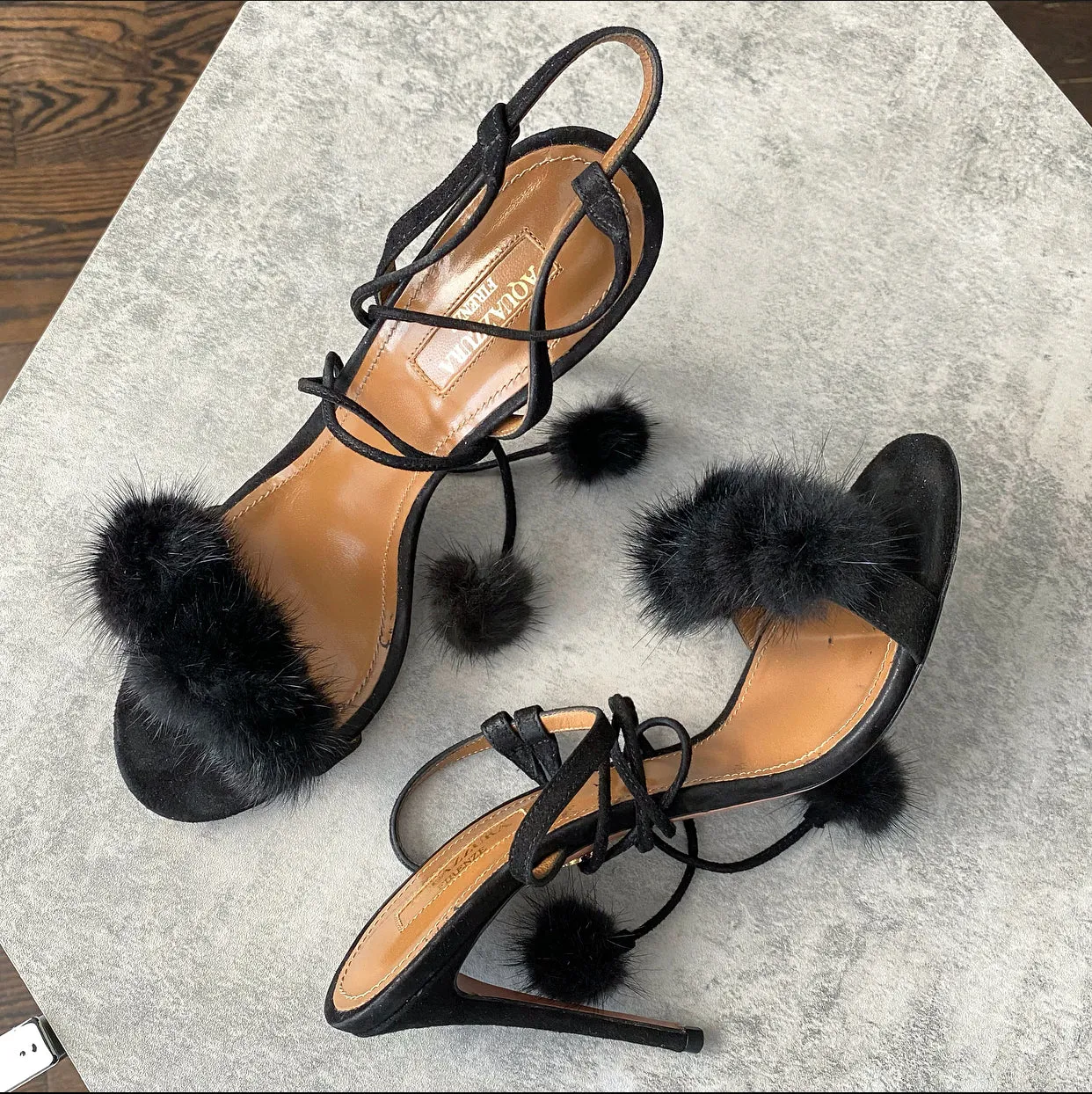 Gianvito Rossi Black Suede and Mink Pom Pom Sandals - 37.5