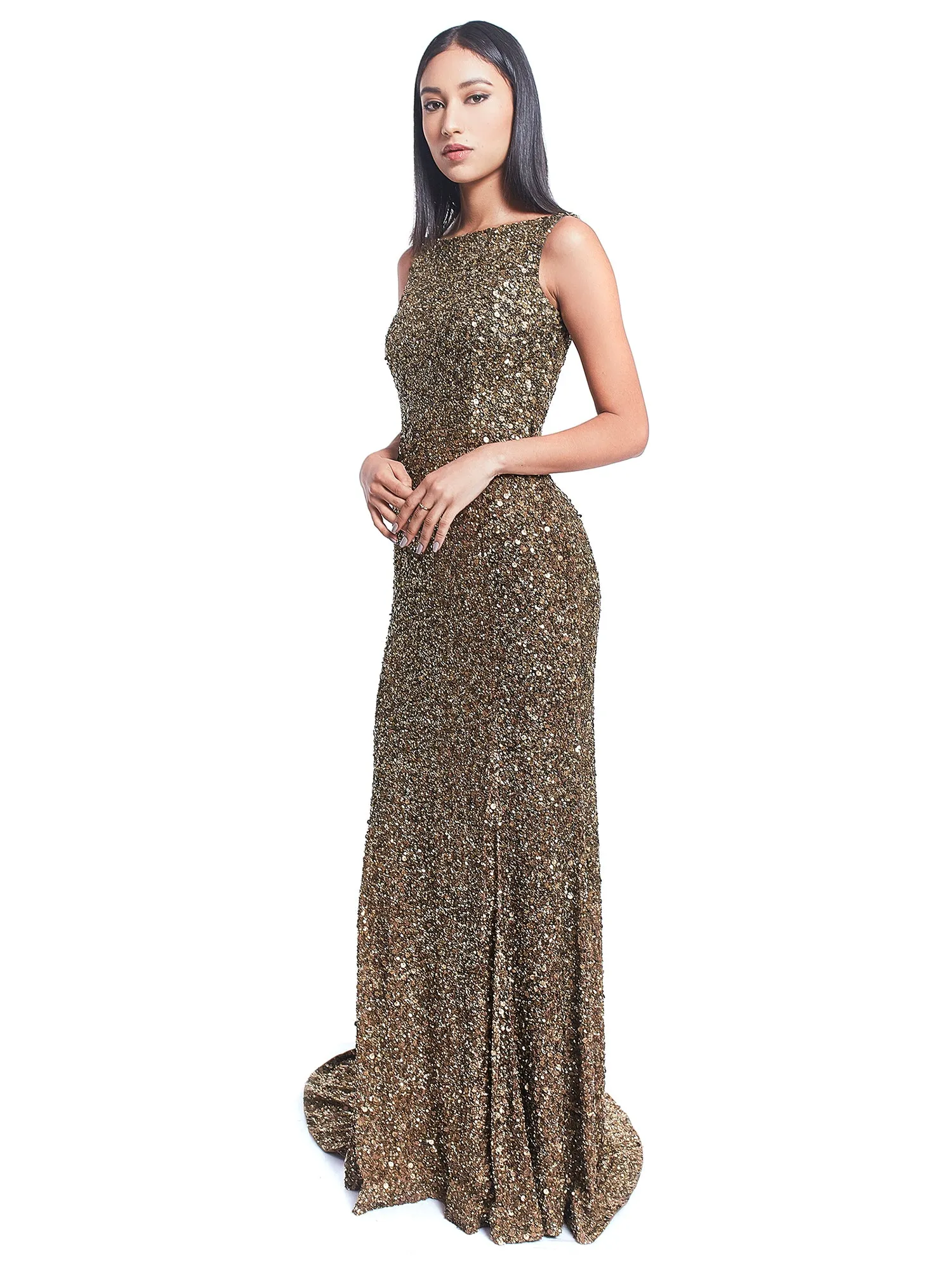 Golden Open Back Trail Gown