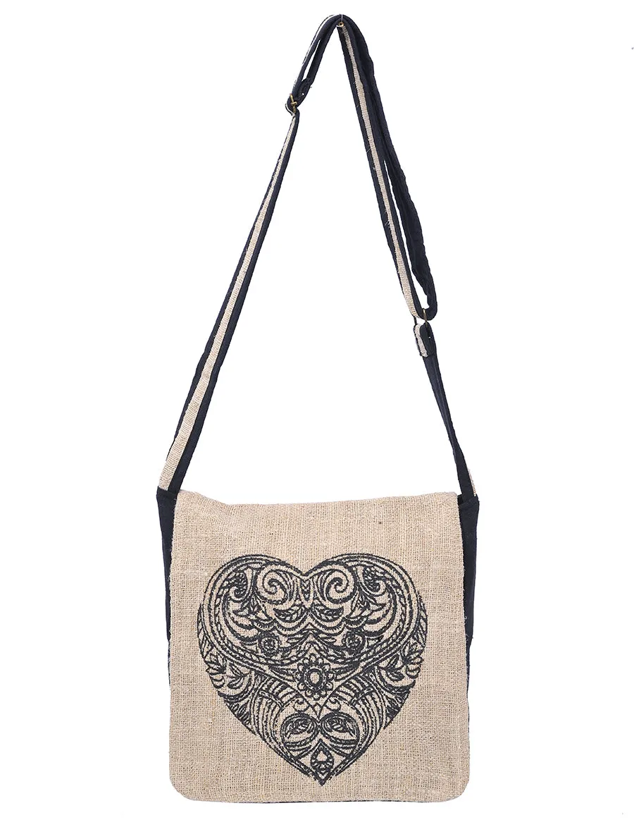 Graphic Hemp Cotton Messenger Bag Tribal Heart