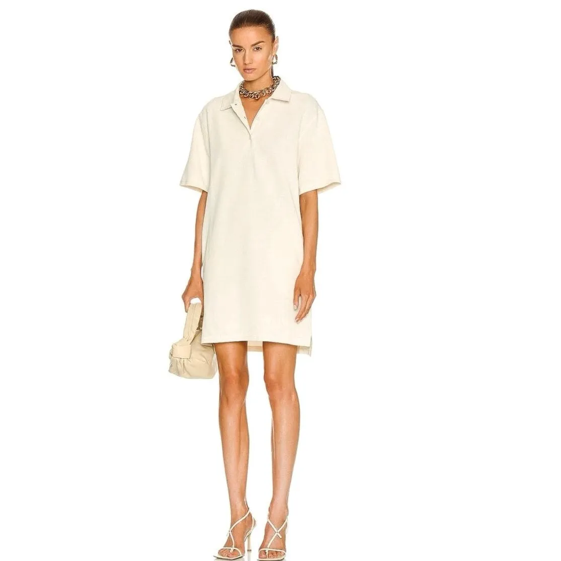 Helmut Lang Ivory Waffle Knit Collar Pockets Pull On Mini Polo Shirt Dress Sz L