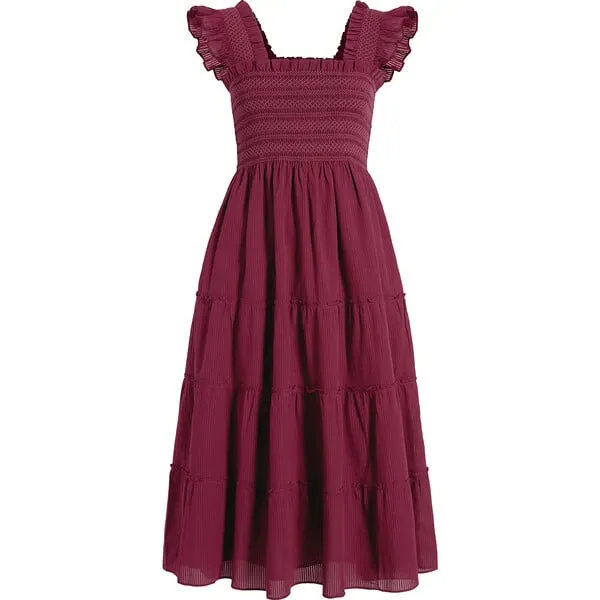 Hill House Home The Women's Ellie Ruffle Shoulder Smocked Tired Nap Dress, Burgundy Shadow Stripe