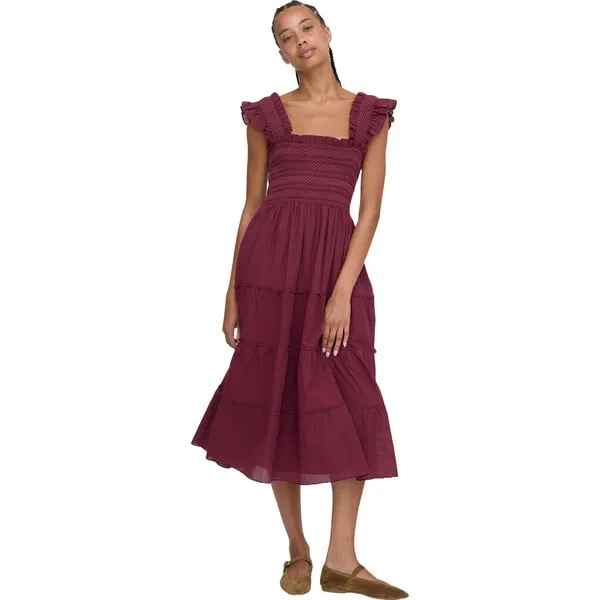 Hill House Home The Women's Ellie Ruffle Shoulder Smocked Tired Nap Dress, Burgundy Shadow Stripe