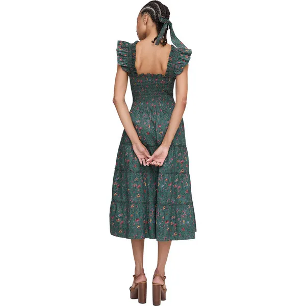 Hill House Home The Women's Ellie Ruffle Shoulder Smocked Tired Nap Dress, Fleur Chintz Bottle Green