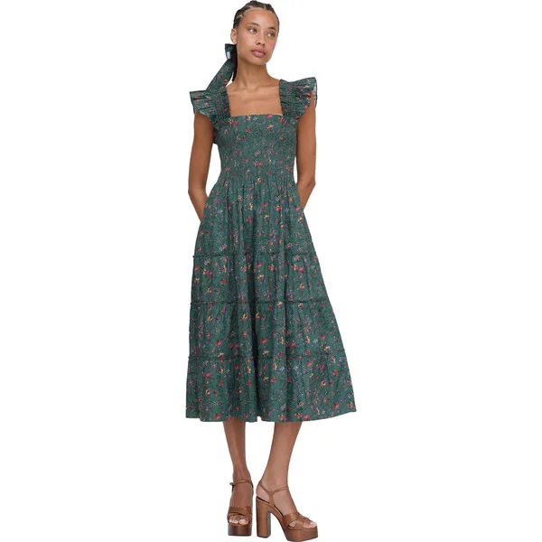 Hill House Home The Women's Ellie Ruffle Shoulder Smocked Tired Nap Dress, Fleur Chintz Bottle Green