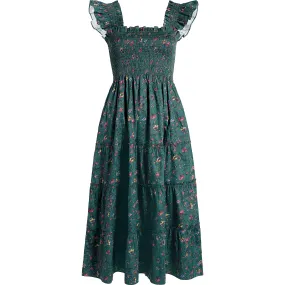 Hill House Home The Women's Ellie Ruffle Shoulder Smocked Tired Nap Dress, Fleur Chintz Bottle Green