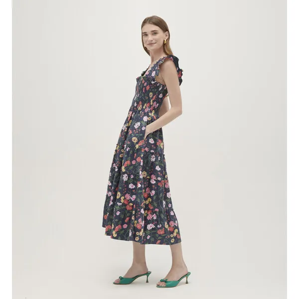 Hill House Home Women's Ellie Cotton Sateen Peony Bouquet Print Nap Dress, Navy & Multicolors