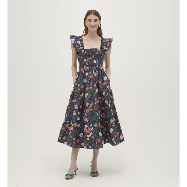 Hill House Home Women's Ellie Cotton Sateen Peony Bouquet Print Nap Dress, Navy & Multicolors