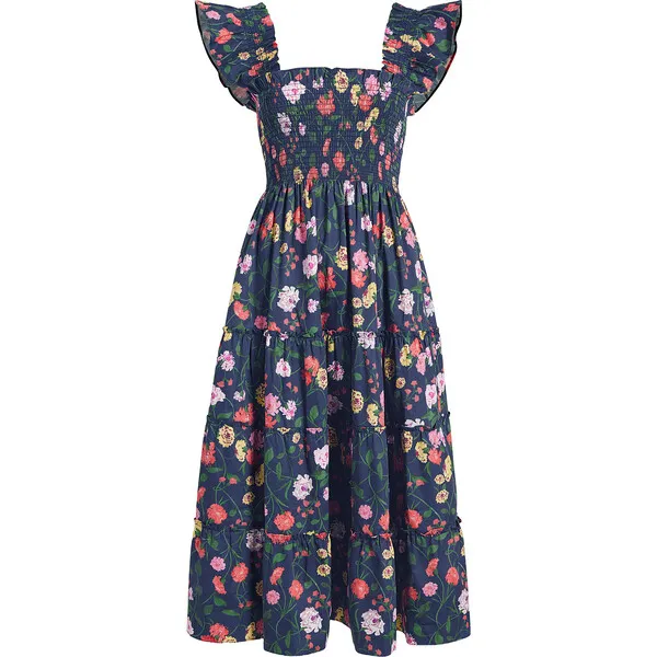 Hill House Home Women's Ellie Cotton Sateen Peony Bouquet Print Nap Dress, Navy & Multicolors