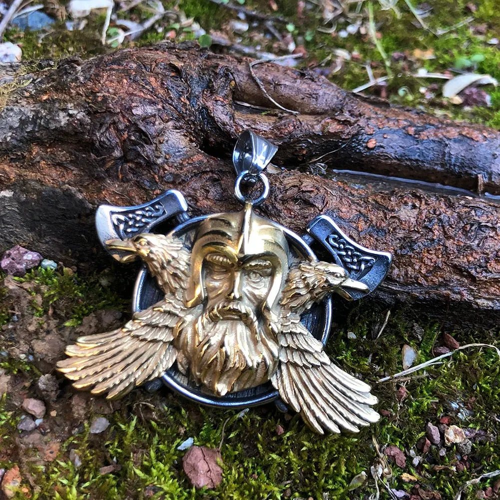 Huge Norse Viking Odin Raven Axe Celtic Pendant Necklace